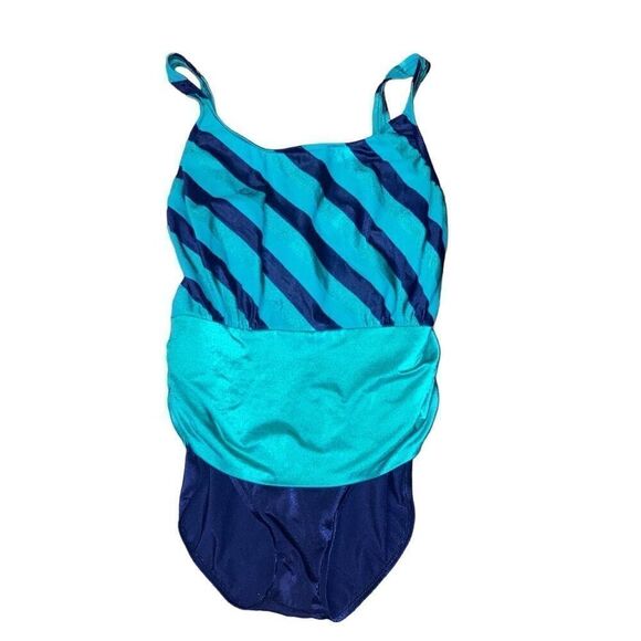 Vintage Robby Len Sz 16 Teal Blue Green One Piece Swimsuit Striped Bathing Suit - Picture 1 of 6